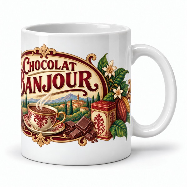 Mug chocolat - Chocolat Banjour, façon affiche, anse à droite
