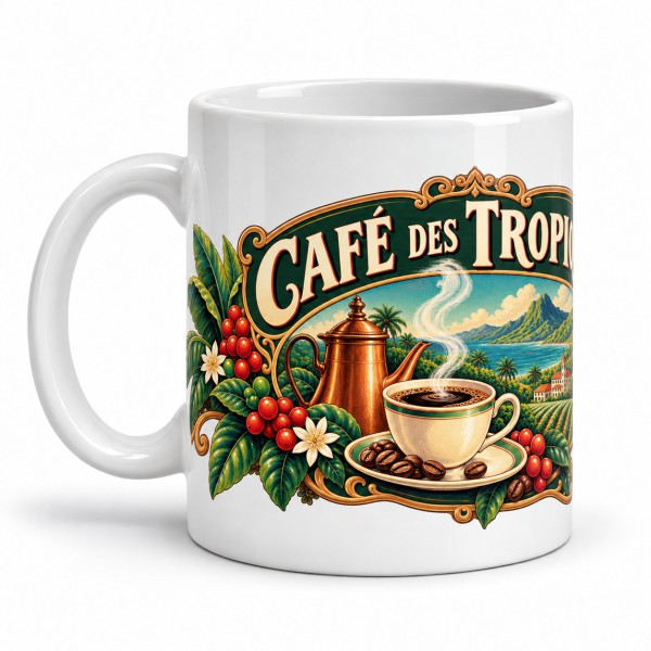 Mug café - Café des Tropiques, façon affiche, anse à gauche