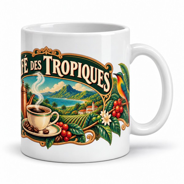 Mug café - Café des Tropiques, façon affiche, anse à droite