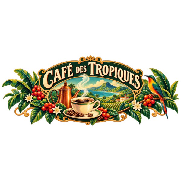 Mug café - Café des Tropiques, façon affiche, décor à plat