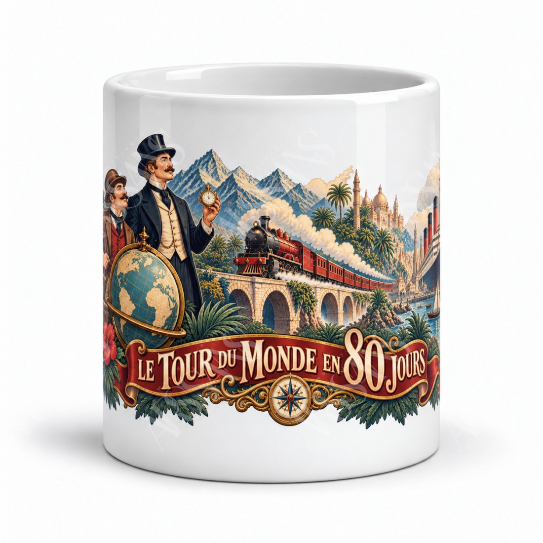 Mug Jules Verne - Le Tour du monde en 80 jours, façon affiche, vue de face