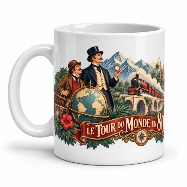 Mug Jules Verne - Le Tour du monde en 80 jours, façon affiche, anse à gauche