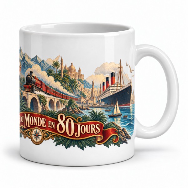 Mug Jules Verne - Le Tour du monde en 80 jours, façon affiche, anse à droite