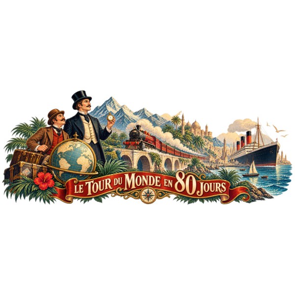 Mug Jules Verne - Le Tour du monde en 80 jours, façon affiche, décor à plat