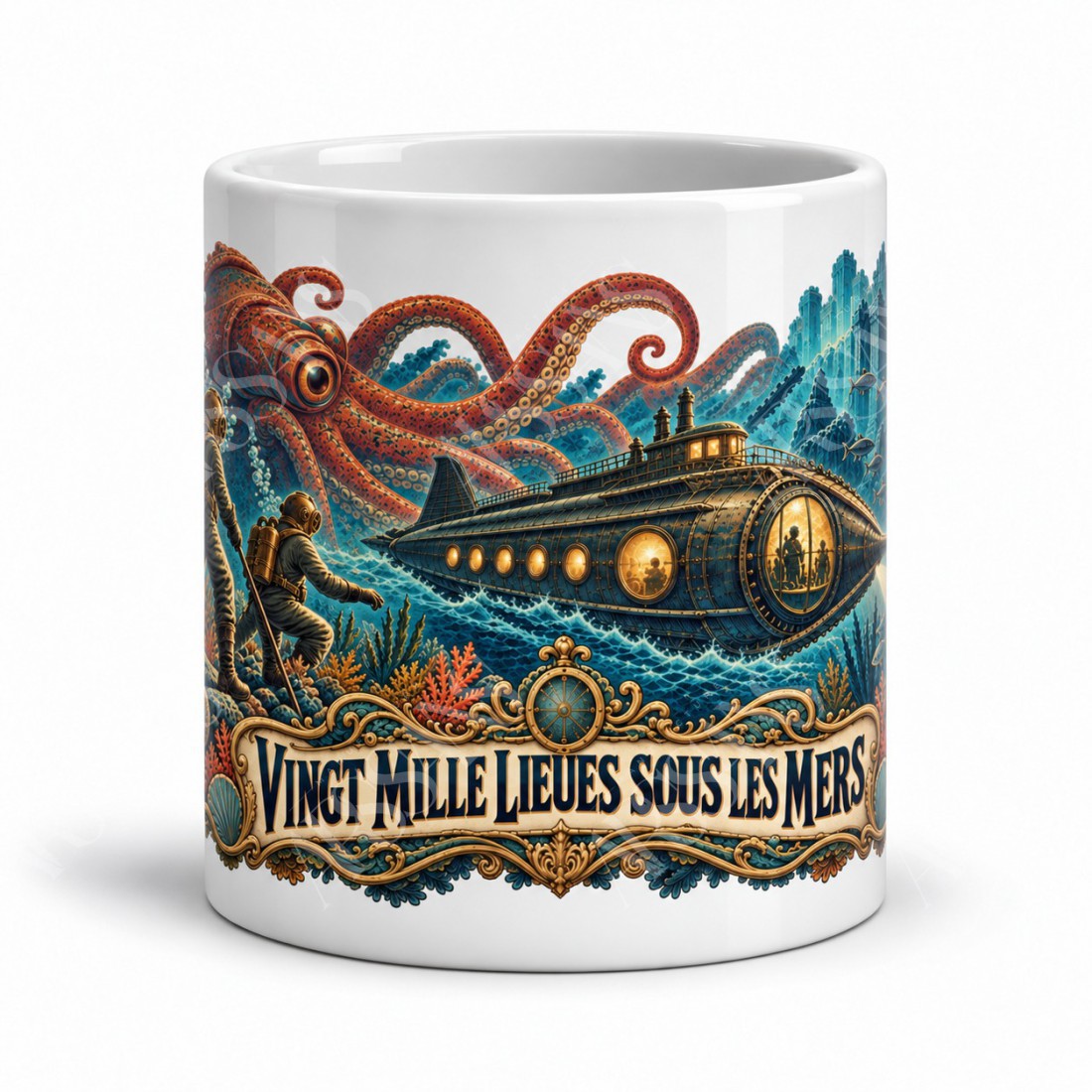 Mug Jules Verne - Vingt mille lieues sous les mers, façon affiche, vue de face