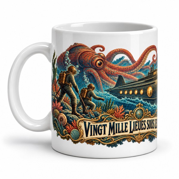 Mug Jules Verne - Vingt mille lieues sous les mers, façon affiche, anse à gauche