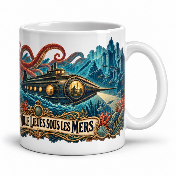 Mug Jules Verne - Vingt mille lieues sous les mers, façon affiche, anse à droite