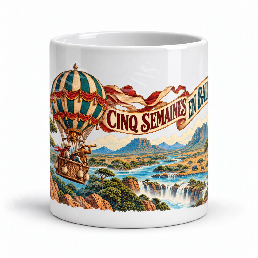 Mug Jules Verne - Cinq semaines en ballon, façon affiche, vue de face