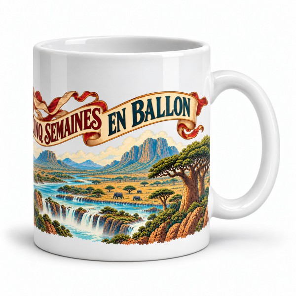 Mug Jules Verne - Cinq semaines en ballon, façon affiche, anse à droite