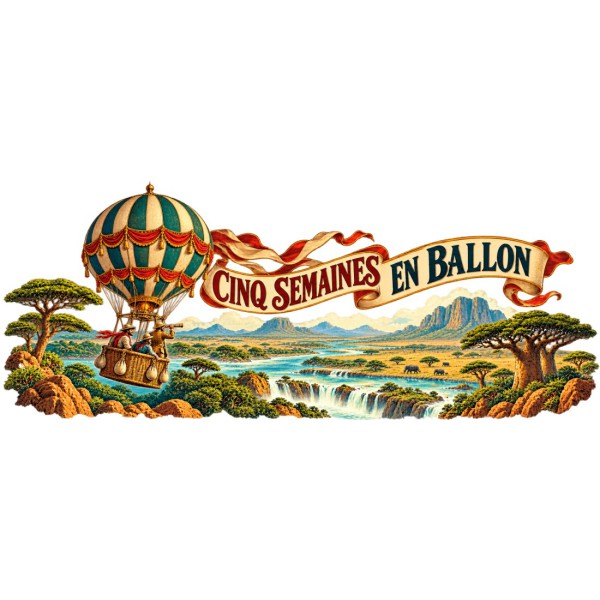 Mug Jules Verne - Cinq semaines en ballon, façon affiche, décor à plat