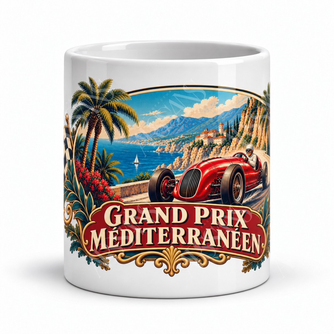 Mug rétro - Grand Prix méditerranéen, façon affiche, vue de face