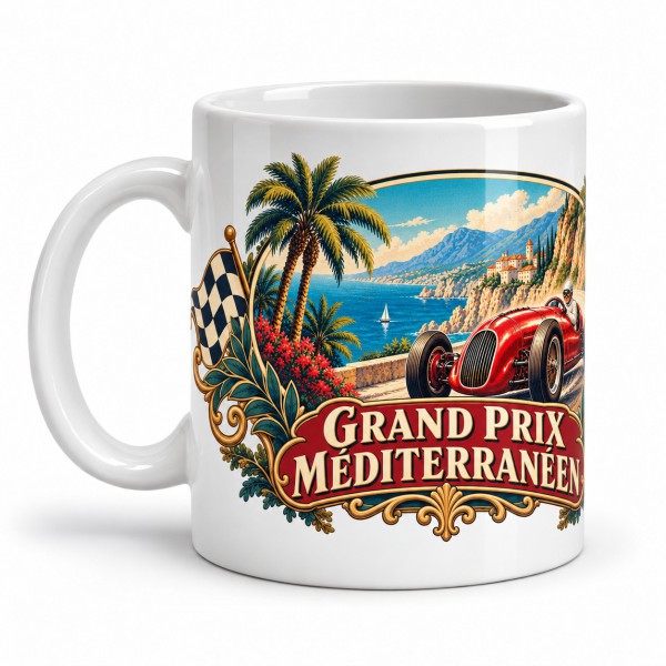 Mug rétro - Grand Prix méditerranéen, façon affiche, anse à gauche