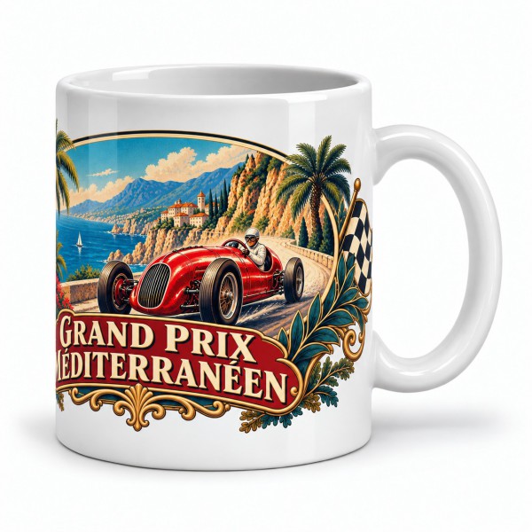 Mug rétro - Grand Prix méditerranéen, façon affiche, anse à droite