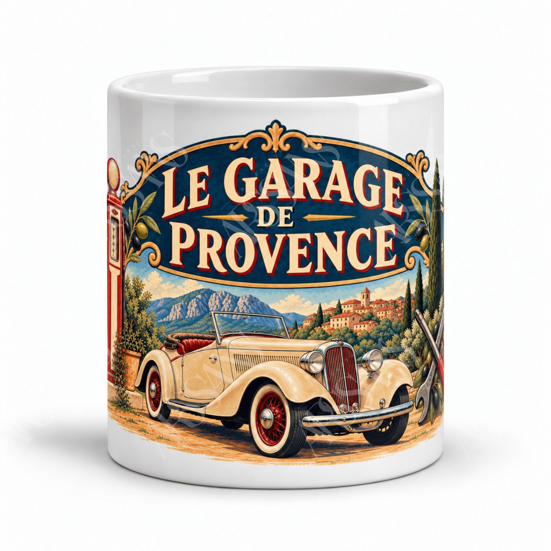 Mug rétro - Le garage de Provence, façon affiche, vue de face