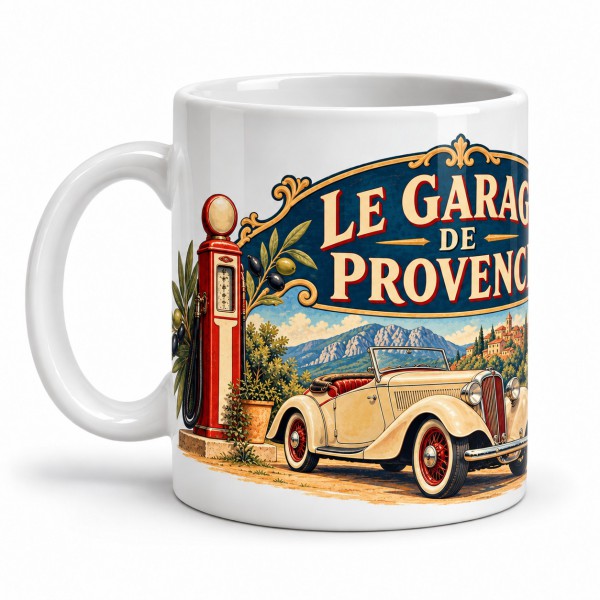 Mug rétro - Le garage de Provence, façon affiche, anse à gauche