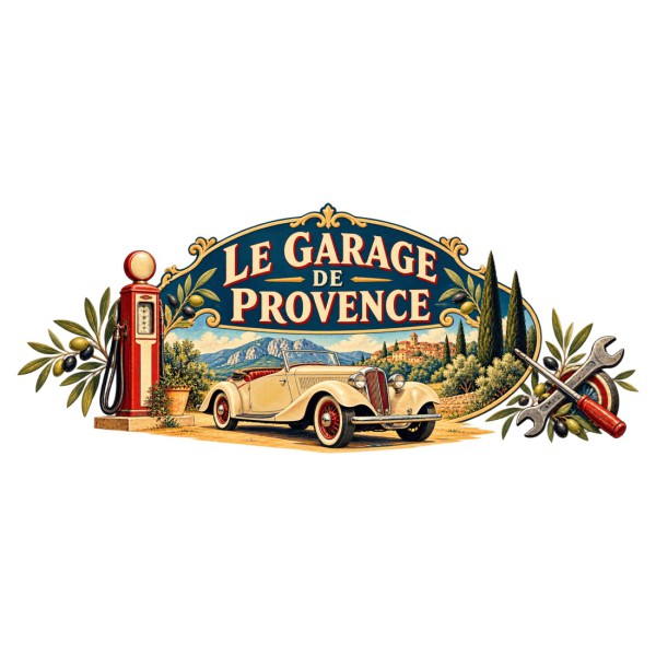 Mug rétro - Le garage de Provence, façon affiche, décor à plat