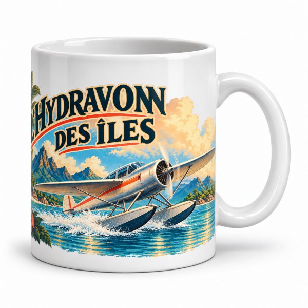 Mug voyage - L’hydravion des îles, façon affiche, anse à droite