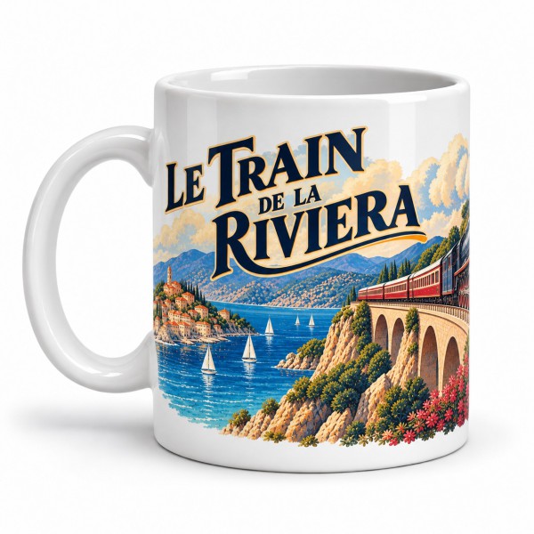 Mug rétro - Le train de la Riviera, façon affiche, anse à gauche