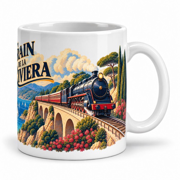 Mug rétro - Le train de la Riviera, façon affiche, anse à droite