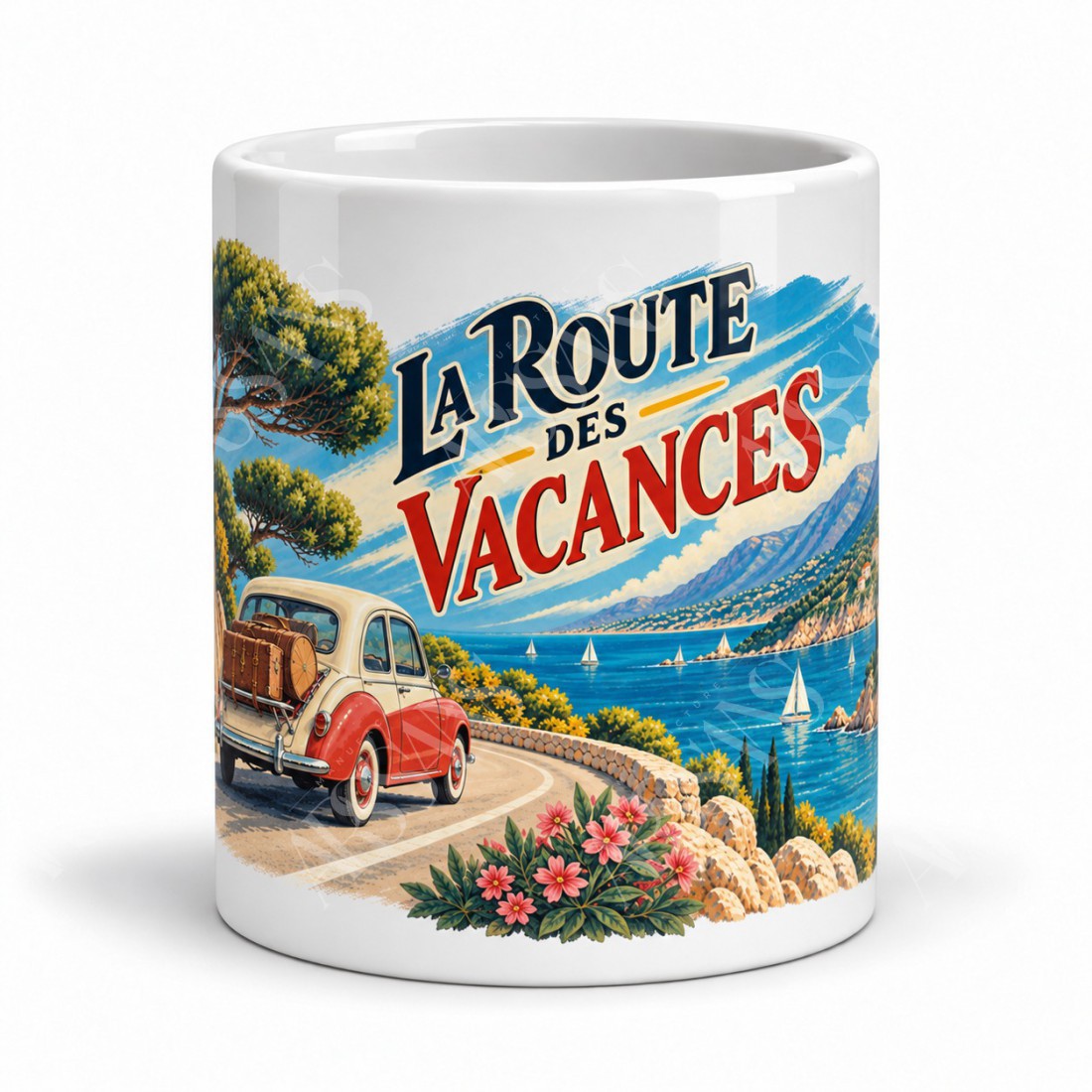 Mug rétro - La route des vacances, façon affiche, vue de face
