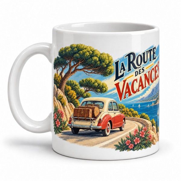 Mug rétro - La route des vacances, façon affiche, anse à gauche