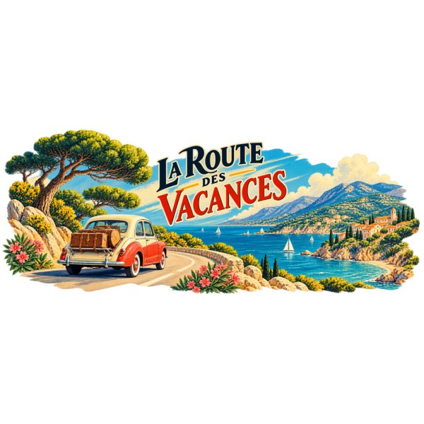 Mug rétro - La route des vacances, façon affiche, décor à plat