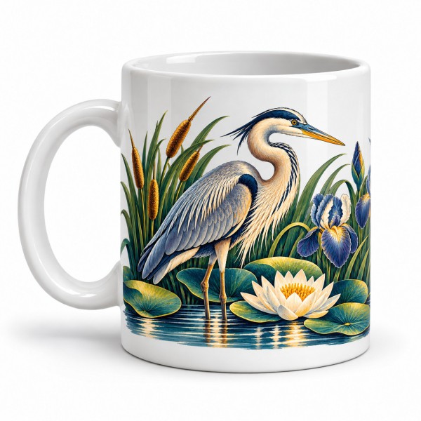 Mug nature - Héron et roseaux, anse à gauche