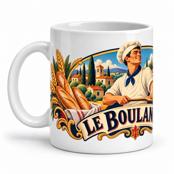 Mug métiers d’autrefois - Le boulanger, façon affiche, anse à gauche