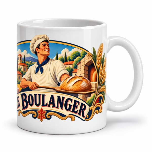 Mug métiers d’autrefois - Le boulanger, façon affiche, anse à droite