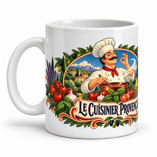 Mug métiers d’autrefois - Le cuisinier provençal, façon affiche, anse à gauche