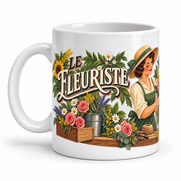 Mug métiers d’autrefois - Le fleuriste, façon affiche, anse à gauche