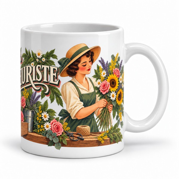Mug métiers d’autrefois - Le fleuriste, façon affiche, anse à droite