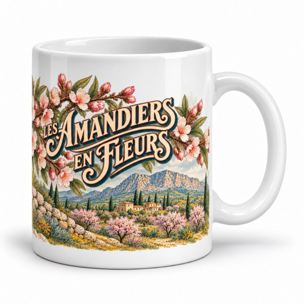 Mug Provence - Les amandiers en fleurs, façon affiche, anse à droite