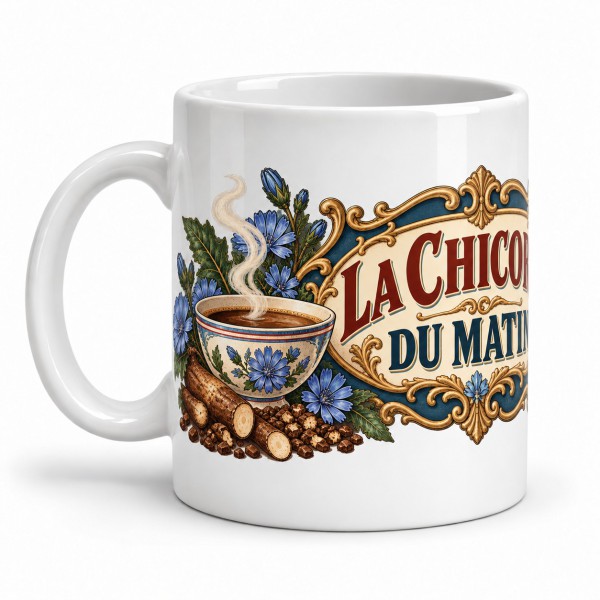 Mug chicorée - La chicorée du matin, façon affiche, anse à gauche