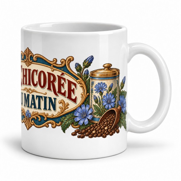 Mug chicorée - La chicorée du matin, façon affiche, anse à droite