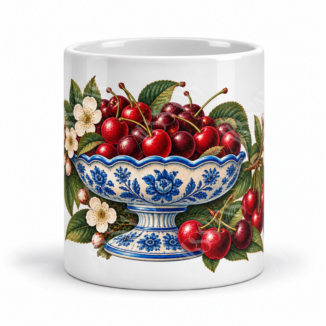 Mug gourmand - Cerises et faïence, façon affiche, vue de face