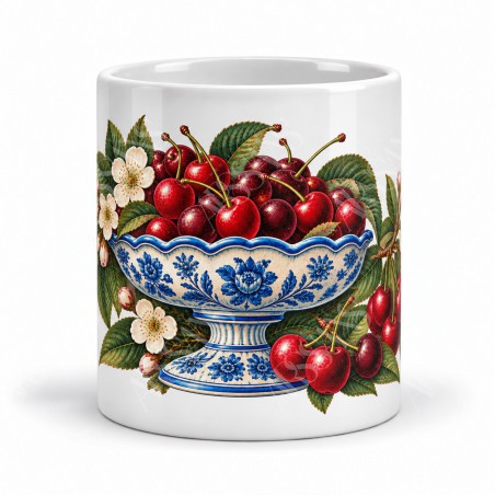 Mug gourmand - Cerises et faïence, façon affiche, vue de face