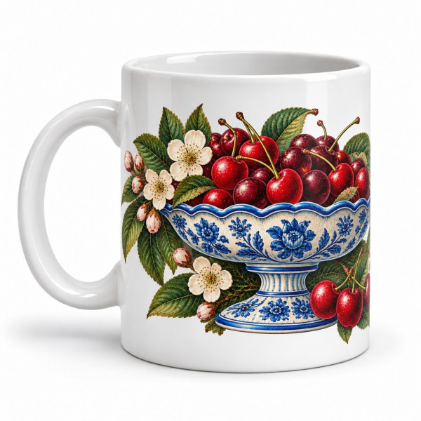 Mug gourmand - Cerises et faïence, façon affiche, anse à gauche