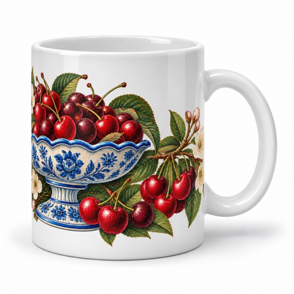 Mug gourmand - Cerises et faïence, façon affiche, anse à droite