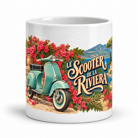 Mug rétro - Le scooter de la Riviera, façon affiche, vue de face