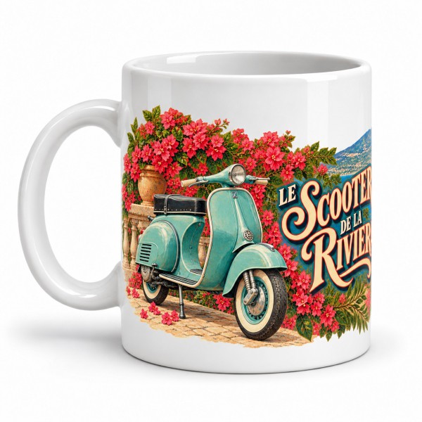 Mug rétro - Le scooter de la Riviera, façon affiche, anse à gauche