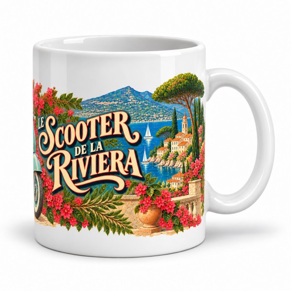Mug rétro - Le scooter de la Riviera, façon affiche, anse à droite