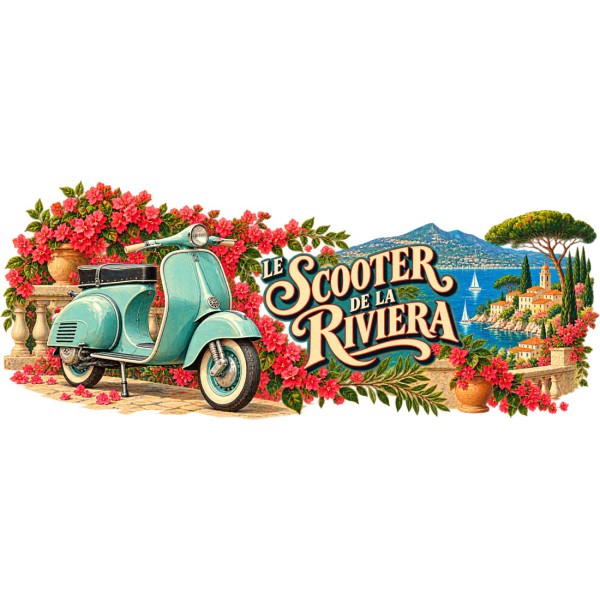 Mug rétro - Le scooter de la Riviera, façon affiche, décor à plat