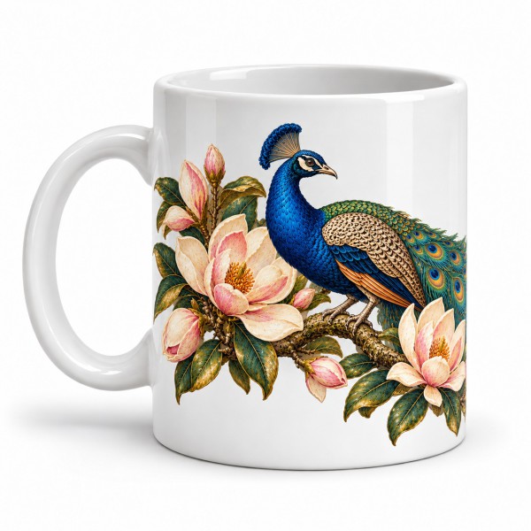 Mug nature - Paon et magnolias, anse à gauche