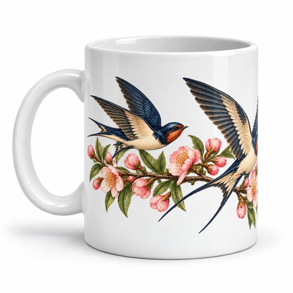 Mug nature - Les hirondelles du printemps, façon affiche, anse à gauche