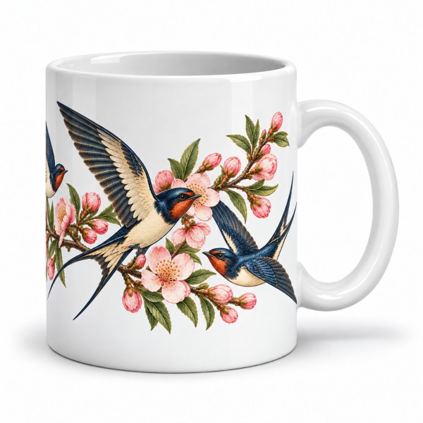 Mug nature - Les hirondelles du printemps, façon affiche, anse à droite
