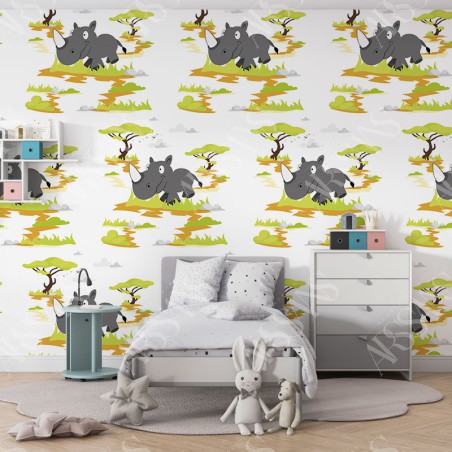 Papier Peint Rhinocéros - papier peint intissé vert pour chambre d'enfant
