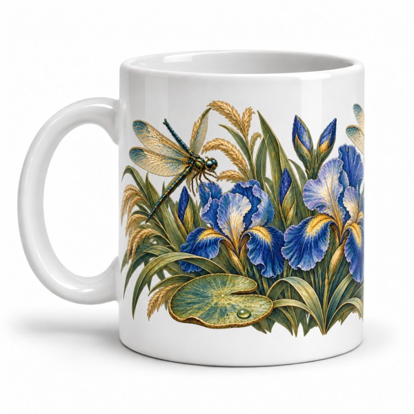 Mug nature - Libellules et iris, anse à gauche