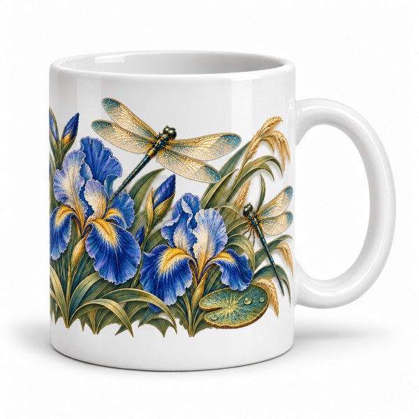 Mug nature - Libellules et iris, anse à droite