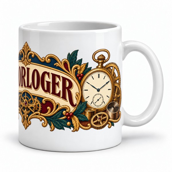 Mug métiers d’autrefois - L’horloger, façon affiche, anse à droite